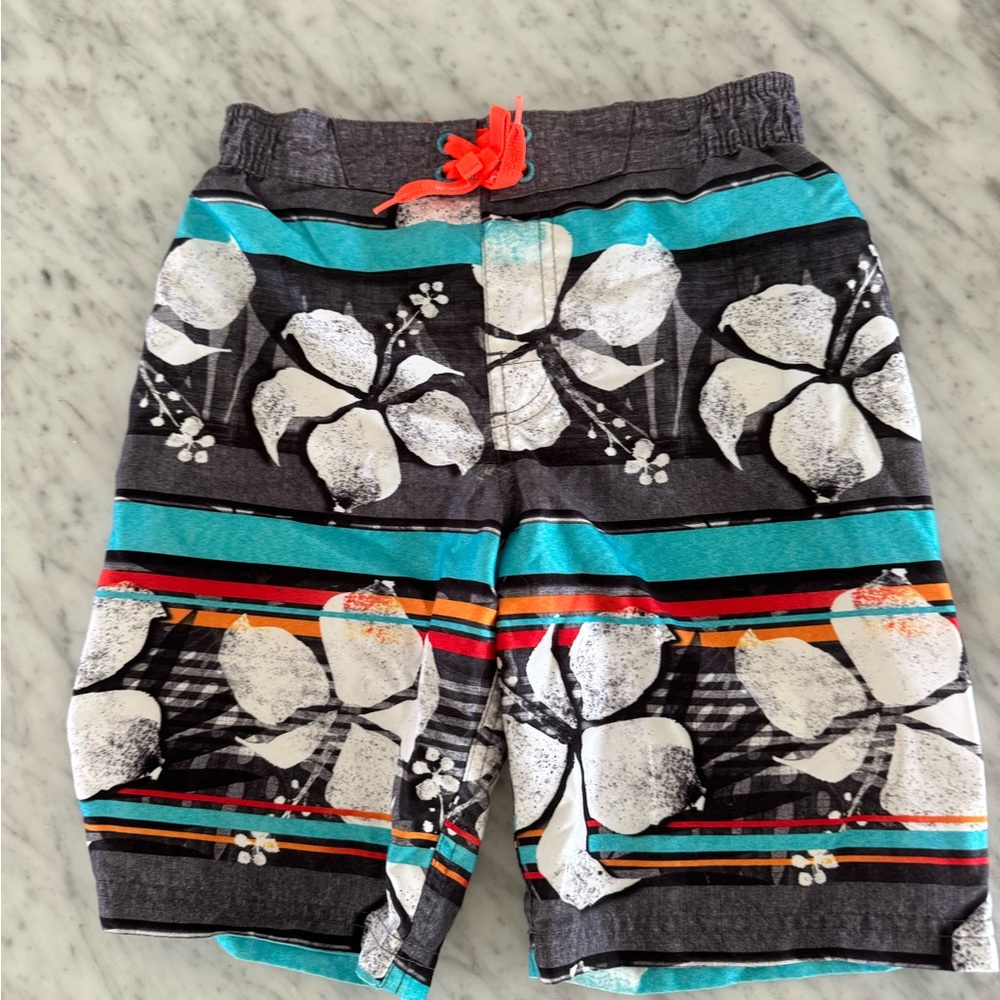 ZeroXposur Black and Blue Floral Print Shorts Swim Trunks Swimsuit Boys 7